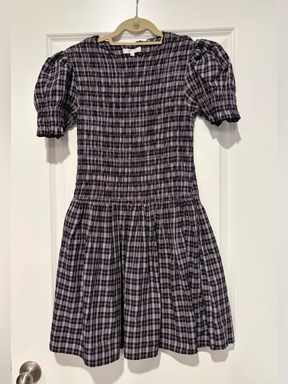 Wayf Women’s Plaid Puff-Sleeve Dress in Black and White